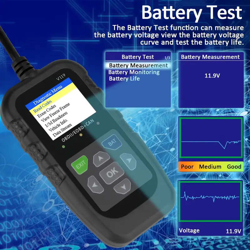 ماسح ضوئي V119 OBD2 لقراءة الأ - مراجعة Power Supply Tester وسعره